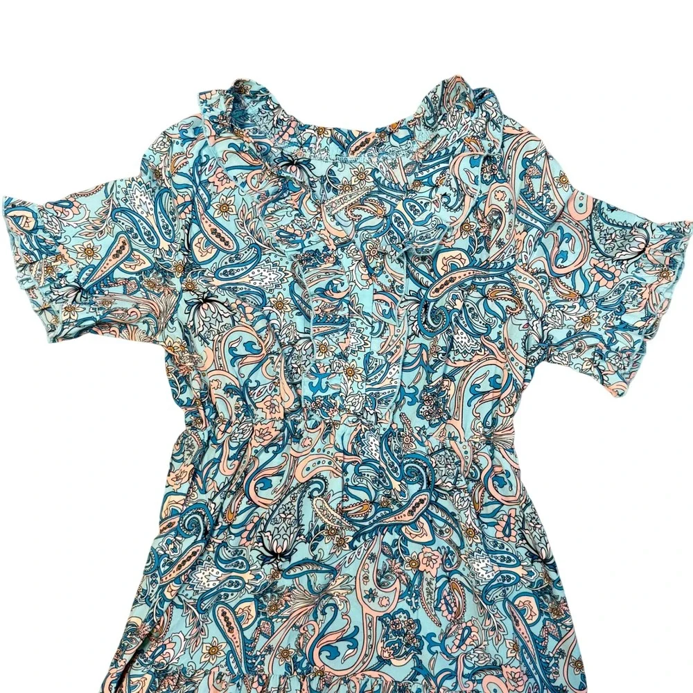 Paisley Tiered Peasant Maxi Dress Turquoise‎ Peach Ruffle V-Neck Whimsigoth Boho